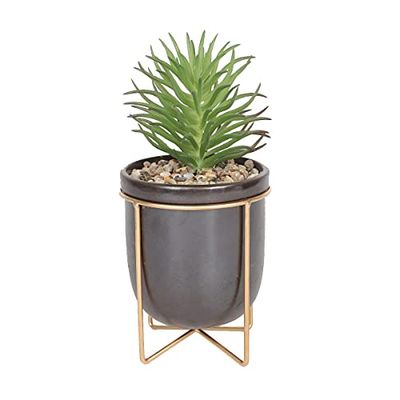 Sleepdown Halo Green Leaf Grey Pot Stand Artificial Faux Plant for Home Office Bathroom Decor Indoor Decoration Aesthetics, Medium