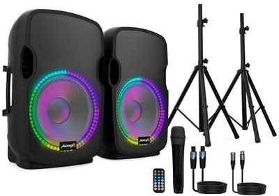 Audibax Party 212 - Set 2 Altoparlanti Attivi e Passivi 12" - Potenza 400W - Altoparlante Amplificato - Connessione USB/SD - Supporto + Cavo + Microfono Inclusi - Altoparlante Bluetooth - LED