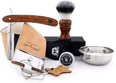 Vintage Style Men's Shaving Set with Synthetic Hair Shaving Brush,Cut Throat Razor/Barber Style Razor, Double XL Pure Leather Strop & Sharping Paste,Stainless Steel Bowl +Free Aluminum Stick (Dark Brown)