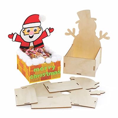 Baker Ross FC113 Christmas Wooden Box Kits - Pack of 3, Wooden Crafts to Make and Decorate, Make Your Own Christmas Decorations
