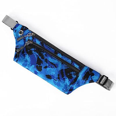 IXCVBNGHS Hombres y Mujeres, Bolsillo para cinturón, cinturón Ajustable, riñonera, Adecuado para Exteriores, Deportes, Senderismo, Viajes (Camuflaje Azul), pequeño