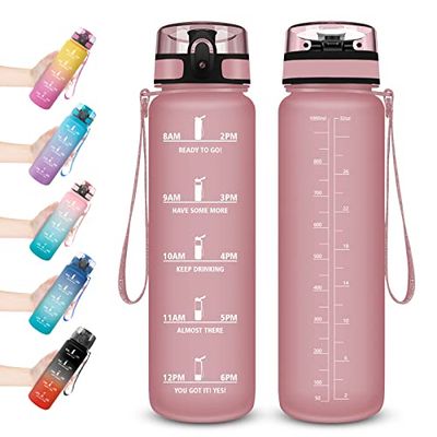 Gourde 1l, Grande Bouteille d'eau de 1 Litre Avec Filtre et Marqueur de Temps, Gourde Sport Sans BPA, Tritan Gourde Étanche, Plastique Gourde Reutilisable pour Sport, Gym, Bureau, l'école, Fitness