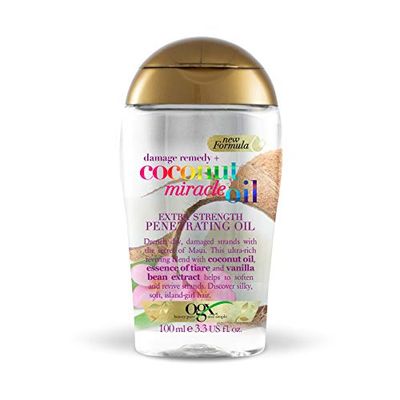OGX Coconut Miracle Oil Extra Strength Penetrating Hair Oil for Dry, Damaged, and Frizzy Hair, Intense Hydration, Frizz Control, and Shine with Coconut Oil, Tiare, and Vanilla Bean Extracts, 100 ml