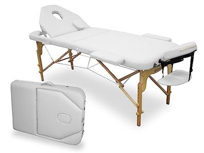 WELLCORE Houten inklapbare massagetafel, met inklapbare rugleuning, PLUS, 185 x 65 cm, kunstleer, verstelbare hoogte, afneembare hoofdsteun, gezichtsgat, wit, tot 225 kg