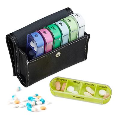 Relaxdays Pilulier étui boîtier Allemand, boîte médicaments 7 Jours, 4 Compartiments, étui Transport, sans BPA, coloré