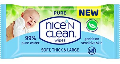 Nice 'N CLEAN - Pure Baby Wipes - Soft, Thick, Large, 99% Water with NatureComfy Fabric, Plastic-free, Biodegradable Wipes, Fragrance-Free (60 Wipes x 1 pack - 60 Wet Wipes)