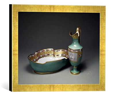 Ingelijste foto van kunsthandwerk "Waskom en waterkruik/porselein", kunstdruk in hoogwaardige handgemaakte fotolijst, 40x30 cm, Gold Raya