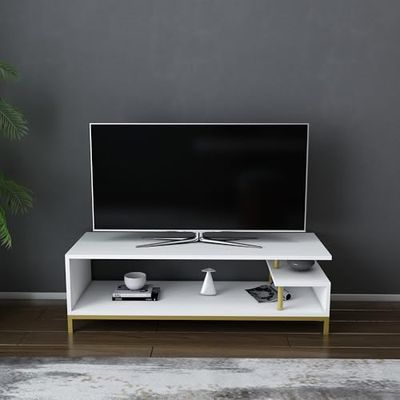 Hanah Home Elegancki stojak pod telewizor, złoty i biały, 120 cm, 100% pokryta melaminą, grubość 18 mm, stylowe i funkcjonalne wzornictwo do nowoczesnych pomieszczeń mieszkalnych