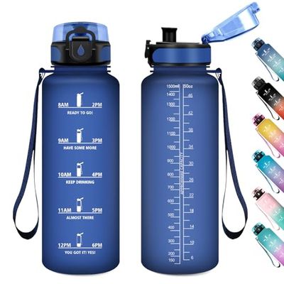 1,5 liter fitnesswaterfles, lekvrij, waterfles met tijdmarkering, herbruikbare fles, sportfles, lekvrij, drinkfles voor volwassenen, fitnessstudio, camping, sportschool