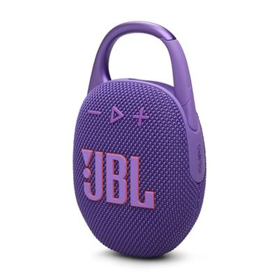 JBL Clip 5, Enceinte Bluetooth ultra-portable, mousqueton intégré, son JBL Pro, basses percutantes, 12 heures d'autonomie, fonction Playtime Boost, résistante à l'eau et à la poussière IP67, violet