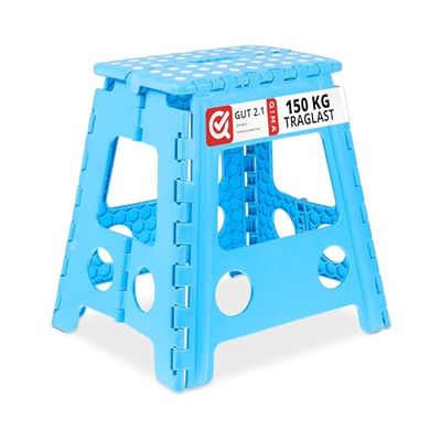 Relaxdays Tabouret Pliable, antidérapant, 120 kg de capacité de Charge, poignée, HxLxP 39 x 38,5 x 32 cm, Bleu Clair