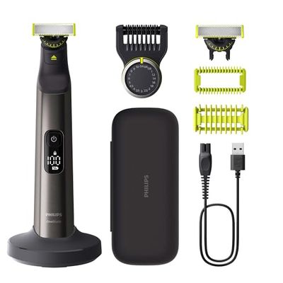 Philips OneBlade Pro 360 Autentico Regolabarba elettrico per viso e corpo, rasoio e depilatore, 2x 360 lame, pettine a 14 lunghezze, kit per il corpo, base di ricarica, custodia da viaggio, QP6652/30