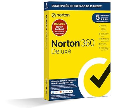 Norton 360 Deluxe Norton AntiTrack 2024 Antivirus Software para 5 Dispositivos y 15 Meses de Suscripción con Renovación Automática, Dark Web Monitoring, Secure VPN y Gestor de Contraseñas