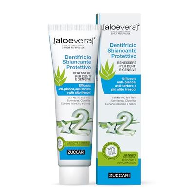 Zuccari AloeVera2 Dentifricio Stevia, 100ml, Con Aloe Vera, Clorofilla, Tea Tree ed Echinacea, Azione Sbiancante e Antibatterica, Senza Fluoro, Alito Fresco e Gusto Naturale alla Stevia