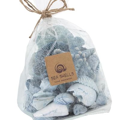DRW Sac de Coquillages Assortis avec éponges, étoile de mer et Pierres en Bleu 12x8x15/23cm