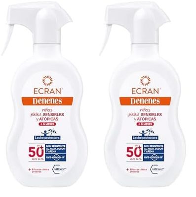Ecran Denenes - Leche Protectora Solar SPF 50+ para Niños en Spray, Protección UVB, UVA e IR-A, Resistente al Agua, con Extracto de Algodón y Vitamina E, Apta para Pieles Sensibles y Atópicas - 270 ml