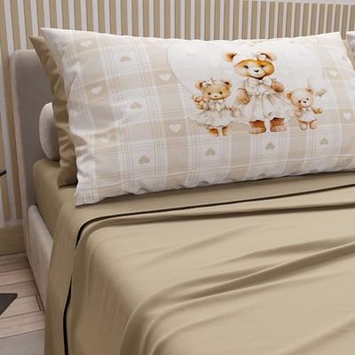 Petti Artigiani Italiani - Sábanas de algodón con Fundas de Almohada con impresión Digital, una Plaza y Media Francesa, Juego Completo de sábana encimera y Bajera con Esquinas, Teddy Love Tórtola
