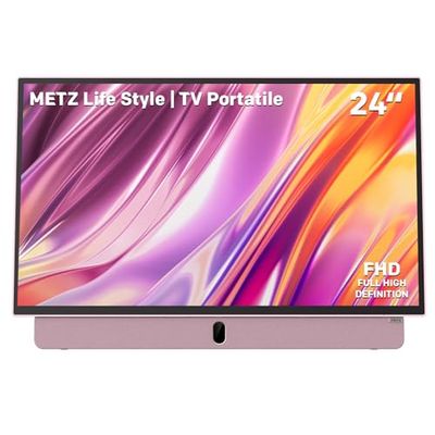 METZ TV Portatile, MPE7300Z, 24", Batteria Incorporata, Ricarica Auto 12V e Power Bank, Anti-glare, LED, FHD Smart, Google TV, HDMI, USB, Bluetooth, Wifi 5, Uscita Antenna, Rosa [4 Anni di Garanzia]