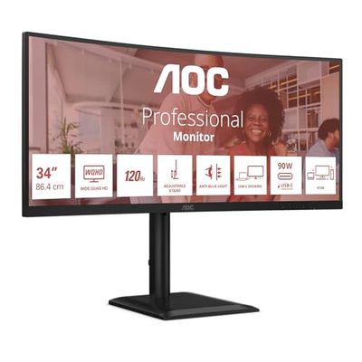 AOC CU34E4CV 34 Inch WQHD Monitor, 120Hz, VA, 4ms MPRT, Adaptive Sync, HDR Ready/HDR10, Height Adjustment, Speaker, (3440x1440,HDMI 2x 2.0,DP 1x 1.4 USB Hub) Black