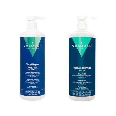 Valquer Profesional Pack Shampooing + Masque Total Repair Effet Glace (1L. 2 Unité). Sans sel. sans silicone et sans sulfate. Cheveux abîmés et secs.