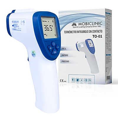 Mobiclinic, bezdotykowy termometr na podczerwień, skierowany do przodu, hiszpańska marka, Medical Grade, znak CE, wyświetlacz LCD, alarm gorączki, odczyt cyfrowy, funkcja pamięci