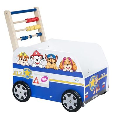 roba Carrello Giocattolo a Spinta Bully Paw Patrol - con Abaco e Ruote - per Imparare a Camminare - Primi Passi - Regalo Compleanno, Natale, Pasqua - Legno Laccato Bianco/Blu