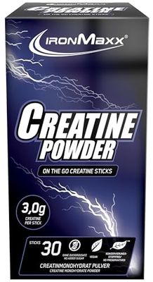 IronMaxx Creatin Monohydrat - 30x 3,4g Sticks | Créatine en poudre hautement dosée avec 3 g de créatine par portion | Sans sucre ni additifs | Pour l'entraînement en force explosive