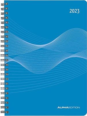 Alpha Edition - Agenda semanal (tapa de polipropileno, 2023, formato A5, encuadernación con anillas, 1 semana en 2 páginas, 128 páginas), color azul