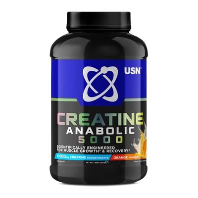 USN Creatine Anabolic 5000 – All-in-One Muscle Growth & Recovery Powder, 5000mg Creatine Monohydrate + 3000mg BCAAs, Low Sugar, Orange Flavour, 900g (30 Servings) - New Formula