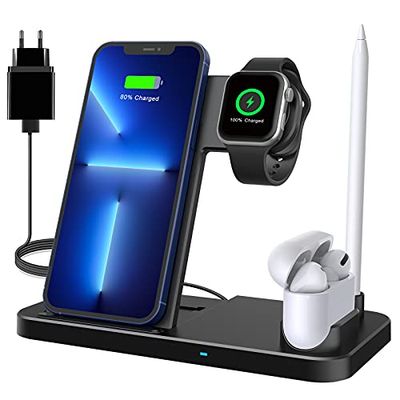 Draadloze oplader, 4-in-1 inductief laadstation met 18 W snelle adapter voor Apple Watch Airpods Pro, Qi-gecertificeerd, draadloze oplader voor iPhone 12/SE/11/X/XR/Xs Max/8, Samsung Galaxy S20/S10