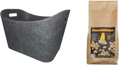 Metrox 4321901_99157 - Cesta de leña con bolas de fuego (2,5 kg, cesta con funda de fieltro y asas, encendedor de chimenea, combustión de 10 min, productos naturales)