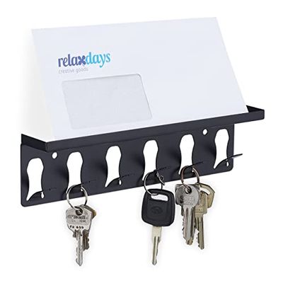 Relaxdays Key Holder, Board, with Shelf, 6 Hooks, Modern Design, HxWxD: 7 x 24.5 x 5 cm, Home, Decoration, Wall, Black, Steel, 7x24,5x5 cm