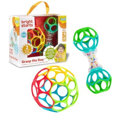 Bright Starts Easy-Grasp Oball Bundle zestaw prezentowy – Grasp the Day, piłka i grzechotka - zestaw 2 sztuk, nie zawiera BPA, unisex, nowożeńcy +
