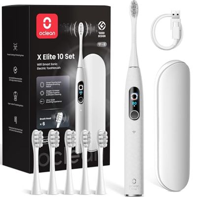 Oclean X Elite 10 Brosse à dents électrique, Écran tactile, 12 zones de suivi, 5 modes avec Gencive, 6 Brossettes&Étui de voyage, Brosse à dents sonique, 40 jours Autonomie, 45 dB, Minuterie, Gris Set