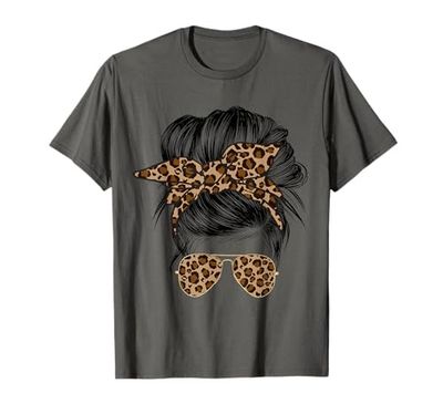 Messy Bun Mom Leopard Messy Hair Bun Moms Life Cool Cheetah T-Shirt