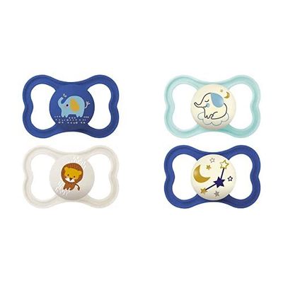 MAM Chupete Air + Air Night,Escudo con orificios extra grandes para Pieles Sensibles, Tetina de Silicona SkinSoftTM ultrasuave, para Bebés de 6+ meses, Azul, con Caja Auto Esterilizadora, 4 unidades