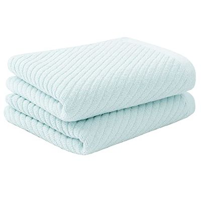 PiccoCasa bomullshanddukar 2-pack ribbade handdukar för badrum mjuka och mycket absorberande liten handduk – blå 34 x 74 cm hotell spa handduk ansiktshanddukar set
