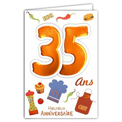 Ålder Mv 69-2030 födelsedagskort 35 år man kvinna design matlagning kock BBQ hamburgare tårta cupcake bakverk dragsko blå hatt