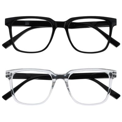 OPULIZE LEO Reading Glasses - 2 -Pack - Large Rectangular Frame - Black, Clear - Mens Womens - Spring Hinges - RR55-1C - +1.00