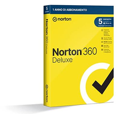 Norton 360 Deluxe 2024, Antivirus per 5 dispositivi, Licenza di 1 anno, PC, Mac, tablet e smartphone