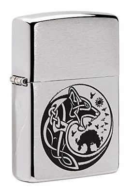 Zippo Lighter, Metal, Brushed Chrome-Wolf, One Size