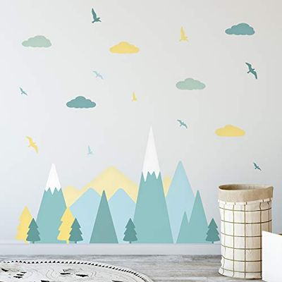 Walplus Stickers Kamerdecoratie - Decoratief Niet Giftig Blijvend Vinyl Raam Muur Kast Deuren Kleurrijk Berglandschap, Groen, Scandinavische Stijl, Muurstickers Voor Kinderen 24Pcs Geel &Blauw