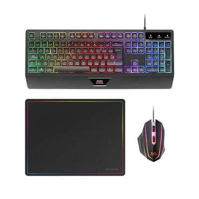 Mars Gaming MCP124, Combo Gaming 3en1, Clavier Ergonomique H-Mech LED RVB, Souris RVB 3200DPI HUANO Switchs, Tapis de Souris Nanotextile 360x260mm, Compatibilité Multiplateforme, Française, Noir
