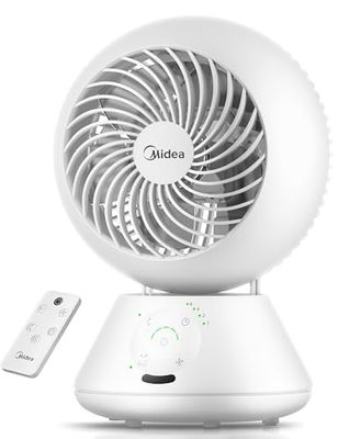 Midea MDF24JRW Tafelventilator, 28 dB, diameter 20 cm, voor luchtcirculatie, bereik 18 m, oscillatie 120 ° + 105 graden, 5 instelbare snelheden, timer 15 uur met afstandsbediening, voor slaapkamer en