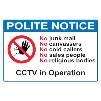 Ambiance Sticker Adesivo in vinile con segnaletica – DP063AL-W Polite Avviso: No Junk Mail, No Canvassers, No Cold Callers, No Sales People, No Religious Bodies, CCTV in Operation Sign – H10 x L15 cm
