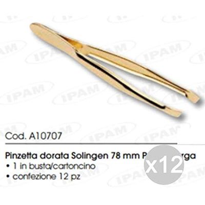 Ipam Set 12 A10707 Pinzetta Oro Punta Obliqua Cm7,8 Largo Depilazione, Multicolore, Unica