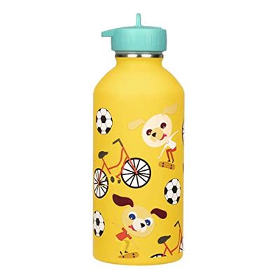 DRAEGER PARIS 1886 - Gourde Enfant Acier Inoxydable 300ml - Thème Chien Skatteur Jaune - Facile à Nettoyer - Réutilisable et Écologique - Idéale pour École & Sport - Design Coloré - 17x6,5 cm
