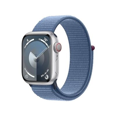 Apple Watch Series 9 (GPS + Cellular 41 mm) Smartwatch - Kast van zilver aluminium - Winterblauw geweven sportbandje. Conditie bijhouden, Saturatie-app en Ecg-app, CO₂- neutraal