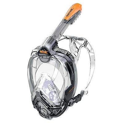 Seac Libera, Maschera Integrale da Snorkeling di Nuova Generazione, Silicone Ipoallergenico, Sgancio Rapido, 4 Taglie, nero/arancione, S/M