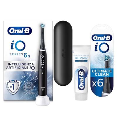 Oral-B Spazzolino Elettrico iO6, Ultimate Clean Testine e Dentifricio Gengive & Smalto Repair, 1+6 Testine, Sensore di Pressione, 5 Modalità di Spazzolamento, Custodia da Viaggio, Nero, Idea Regalo